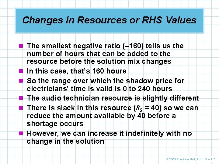 Changes in Resources or RHS Values n The smallest negative ratio (– 160) tells