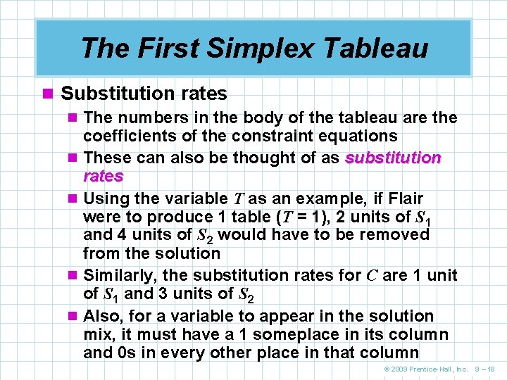 The First Simplex Tableau n Substitution rates n The numbers in the body of