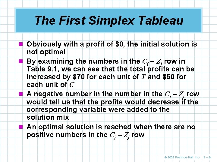 The First Simplex Tableau n Obviously with a profit of $0, the initial solution