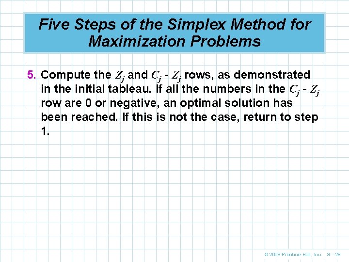 Five Steps of the Simplex Method for Maximization Problems 5. Compute the Zj and