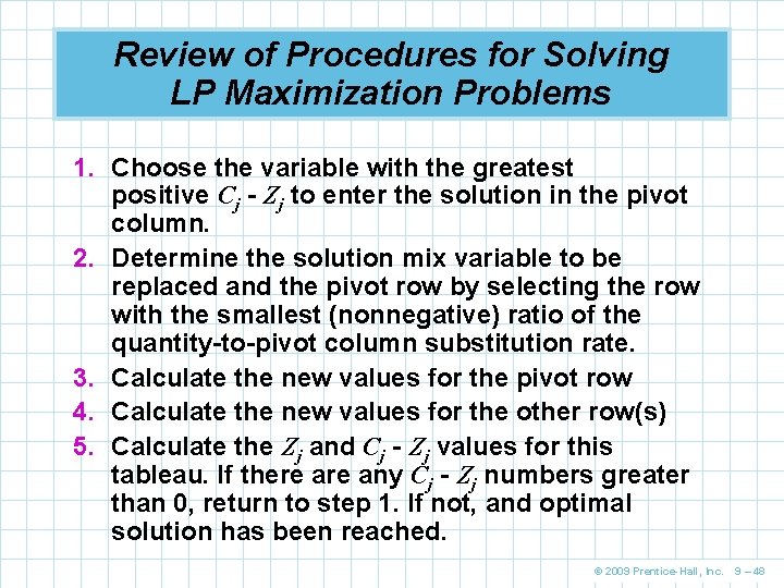 Review of Procedures for Solving LP Maximization Problems 1. Choose the variable with the
