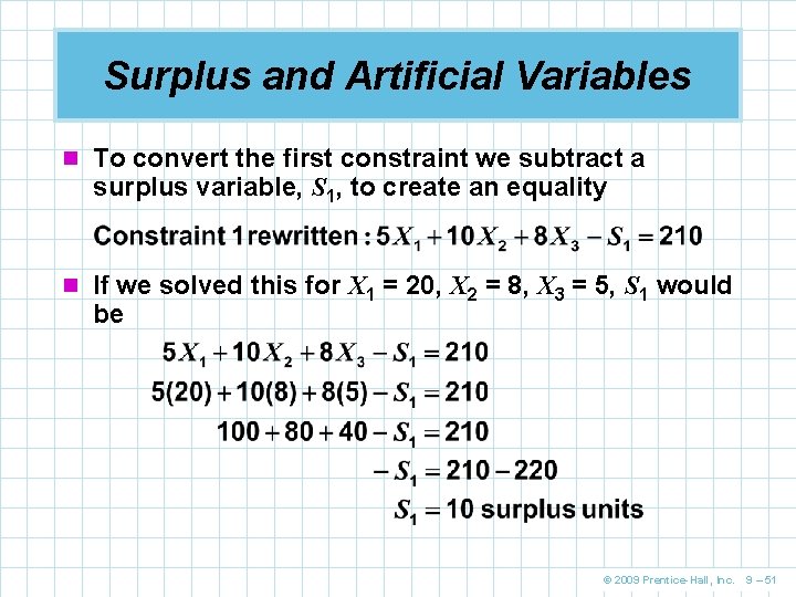 Surplus and Artificial Variables n To convert the first constraint we subtract a surplus
