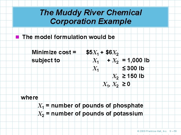 The Muddy River Chemical Corporation Example n The model formulation would be Minimize cost