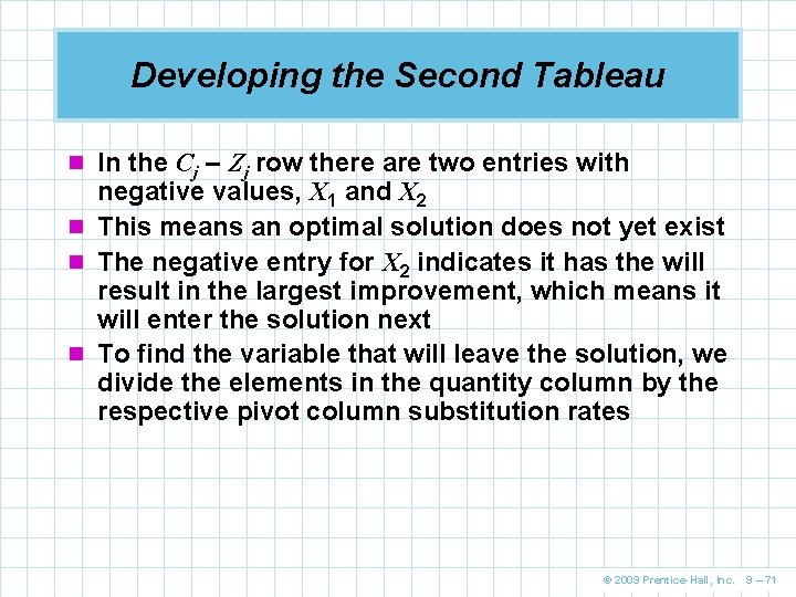 Developing the Second Tableau n In the Cj – Zj row there are two