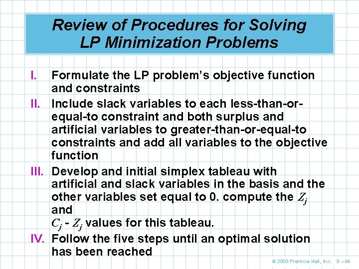 Review of Procedures for Solving LP Minimization Problems I. Formulate the LP problem’s objective