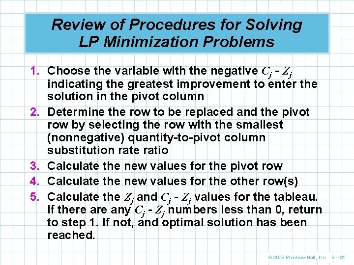 Review of Procedures for Solving LP Minimization Problems 1. Choose the variable with the