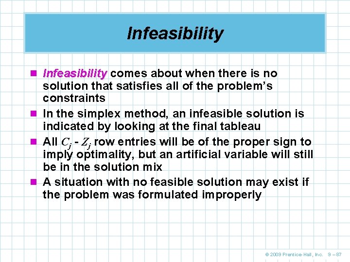 Infeasibility n Infeasibility comes about when there is no solution that satisfies all of