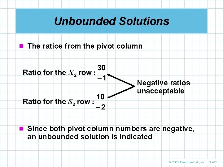 Unbounded Solutions n The ratios from the pivot column Negative ratios unacceptable n Since