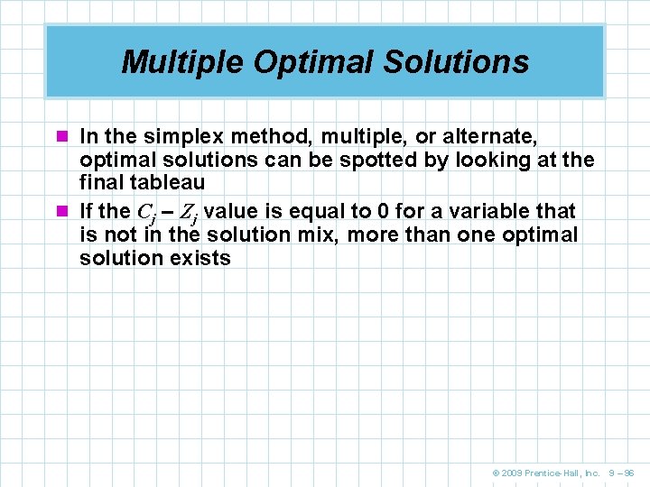 Multiple Optimal Solutions n In the simplex method, multiple, or alternate, optimal solutions can