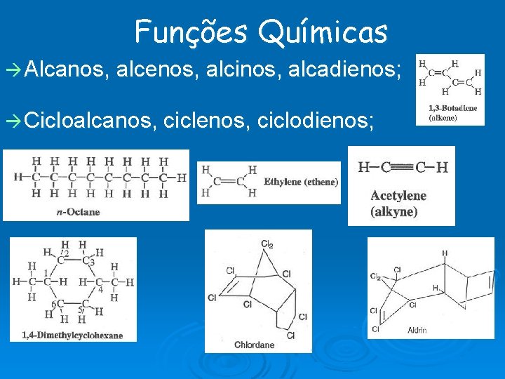 Funções Químicas Alcanos, alcenos, alcinos, alcadienos; Cicloalcanos, ciclenos, ciclodienos; 