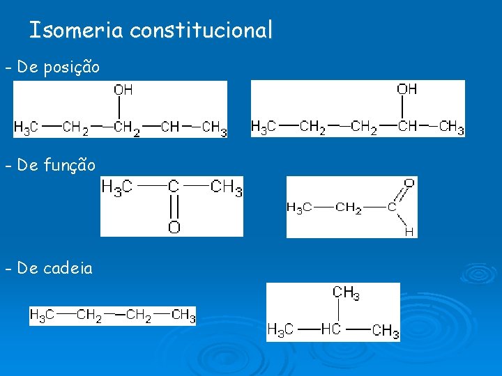 Isomeria constitucional - De posição - De função - De cadeia Isomeria constitucional - De posição - De função - De cadeia