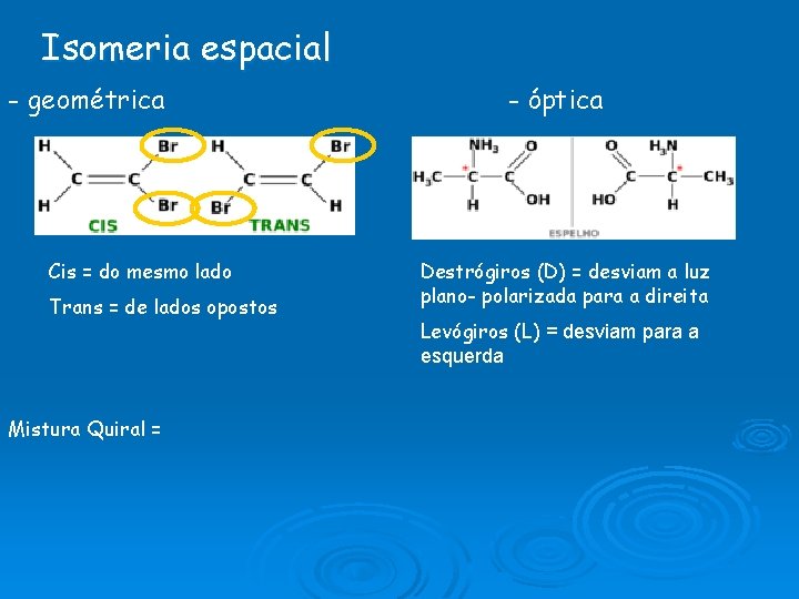 Isomeria espacial - geométrica Cis = do mesmo lado Trans = de lados opostos