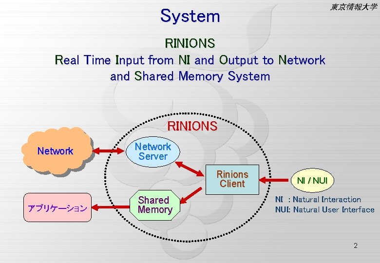 東京情報大学 System RINIONS Real Time Input from NI and Output to Network and Shared