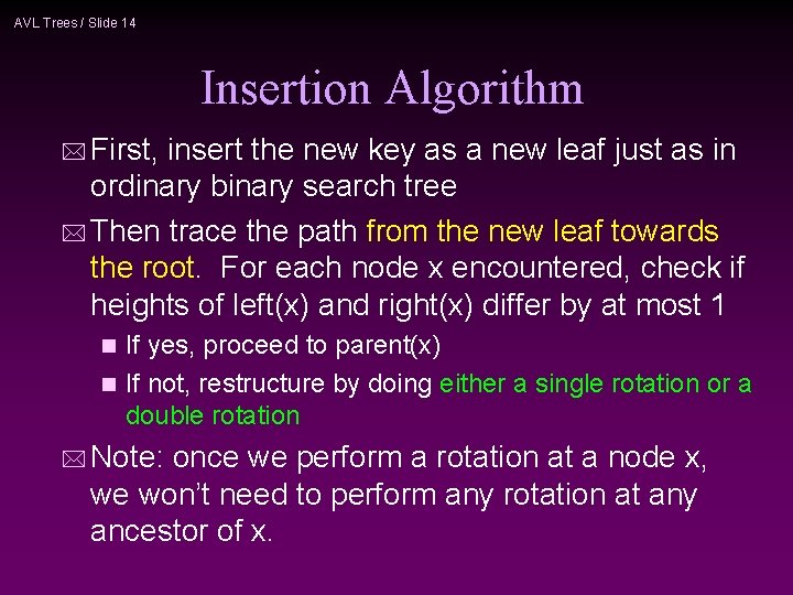 AVL Trees / Slide 14 Insertion Algorithm * First, insert the new key as