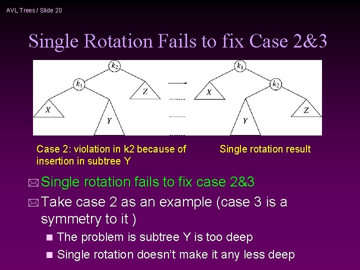 AVL Trees / Slide 20 Single Rotation Fails to fix Case 2&3 Case 2:
