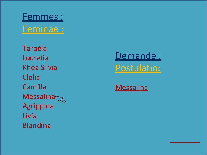 Femmes : Feminae : Tarpéia Lucretia Rhéa Silvia Clelia Camilla Messalina Agrippina Livia Blandina