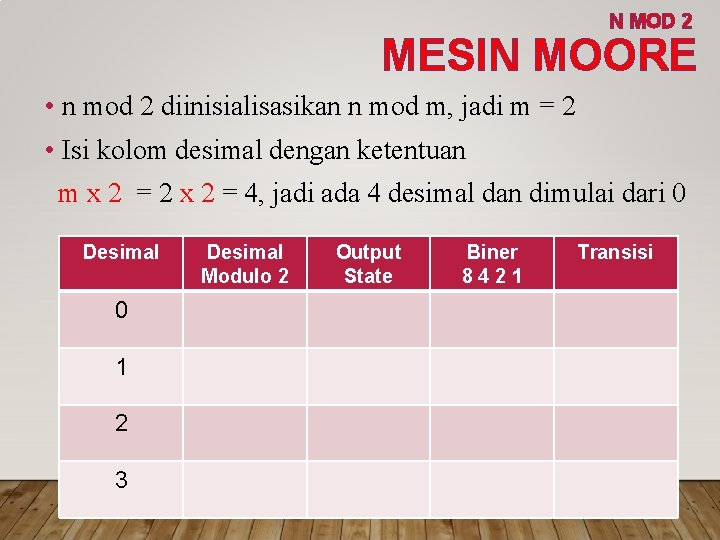 N MOD 2 MESIN MOORE • n mod 2 diinisialisasikan n mod m, jadi