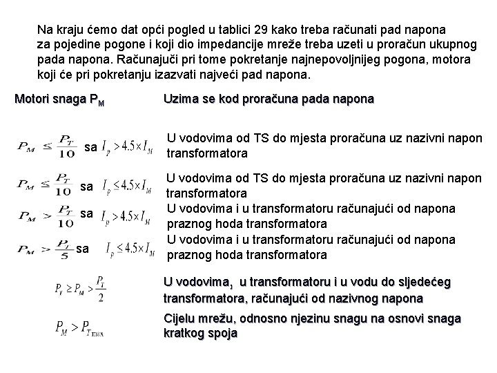 Na kraju ćemo dat opći pogled u tablici 29 kako treba računati pad napona