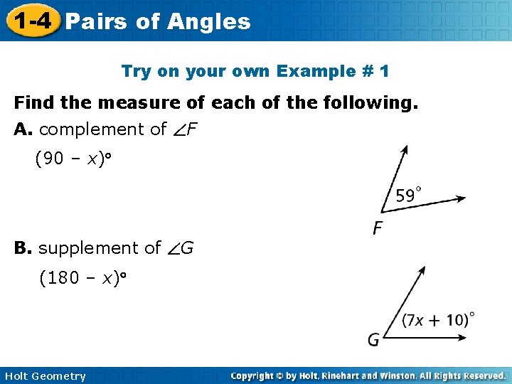 1 -4 Pairs of Angles Try on your own Example # 1 Find the 1 -4 Pairs of Angles Try on your own Example # 1 Find the