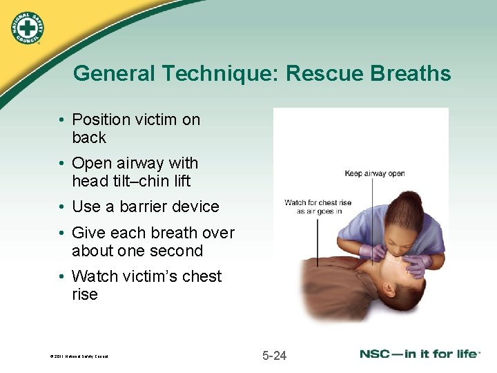 General Technique: Rescue Breaths • Position victim on back • Open airway with head