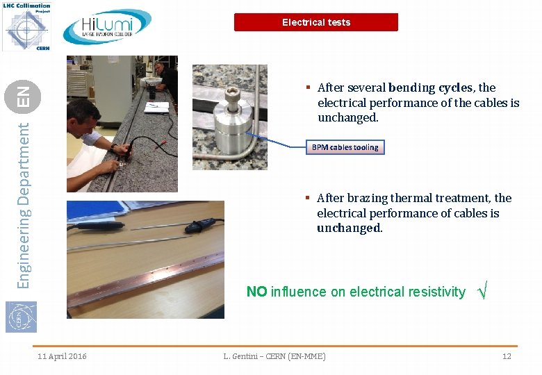 Electrical tests Engineering Department EN § After several bending cycles, the electrical performance of