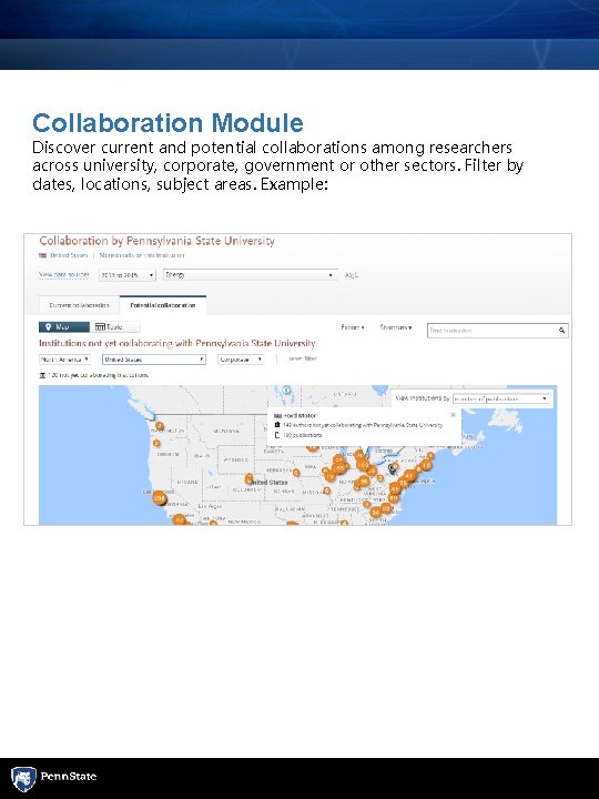 Collaboration Module Discover current and potential collaborations among researchers across university, corporate, government or