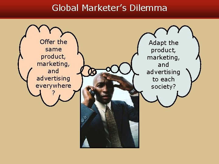Global Marketer’s Dilemma Offer the same product, marketing, and advertising everywhere ? Adapt the