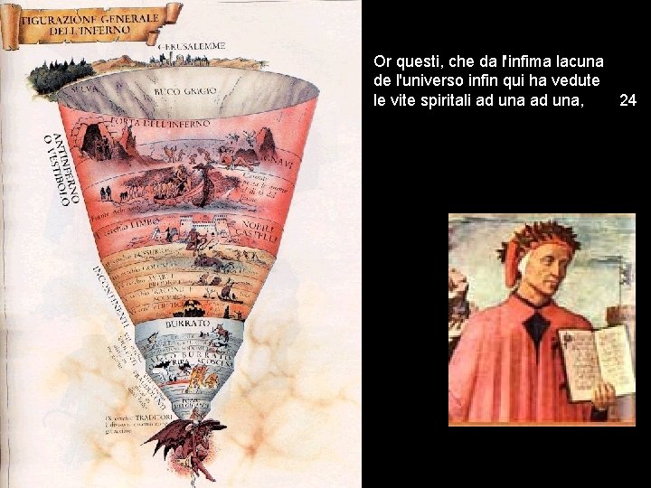 Or questi, che da l'infima lacuna de l'universo infin qui ha vedute le vite