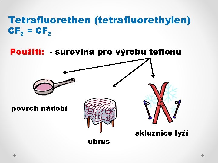 Tetrafluorethen (tetrafluorethylen) CF 2 = CF 2 Použití: - surovina pro výrobu teflonu povrch Tetrafluorethen (tetrafluorethylen) CF 2 = CF 2 Použití: - surovina pro výrobu teflonu povrch