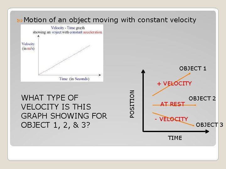  Motion of an object moving with constant velocity OBJECT 1 WHAT TYPE OF