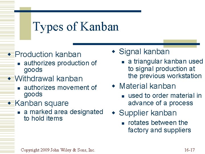 Types of Kanban w Production kanban n authorizes production of goods w Withdrawal kanban Types of Kanban w Production kanban n authorizes production of goods w Withdrawal kanban