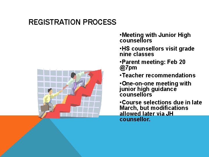 REGISTRATION PROCESS • Meeting with Junior High counsellors • HS counsellors visit grade nine