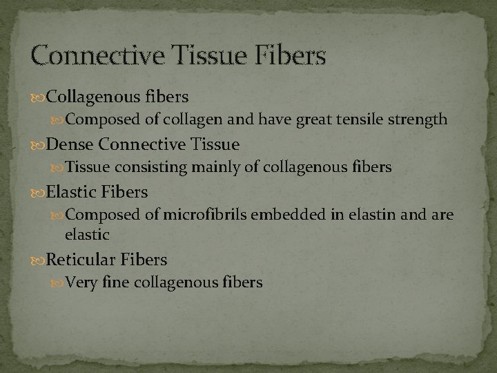 Connective Tissue Fibers Collagenous fibers Composed of collagen and have great tensile strength Dense
