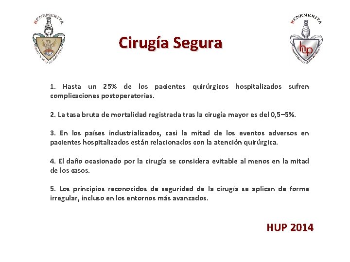 Cirugía Segura 1. Hasta un 25% de los pacientes quirúrgicos hospitalizados sufren complicaciones postoperatorias.