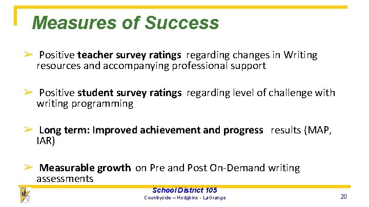 Measures of Success ➢ Positive teacher survey ratings regarding changes in Writing resources and