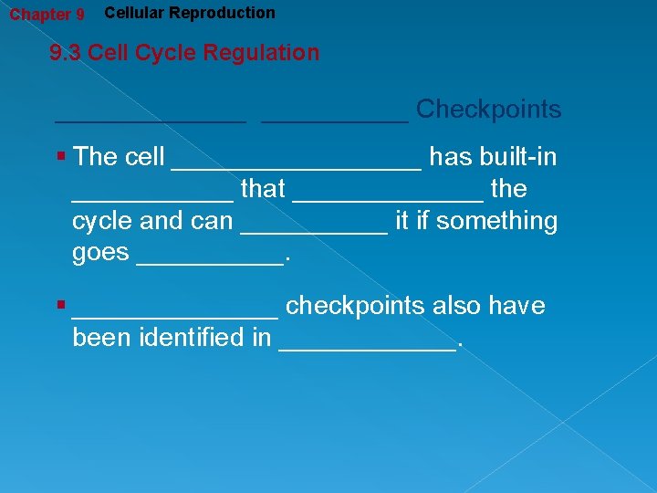 Chapter 9 Cellular Reproduction 9. 3 Cell Cycle Regulation _______ Checkpoints § The cell