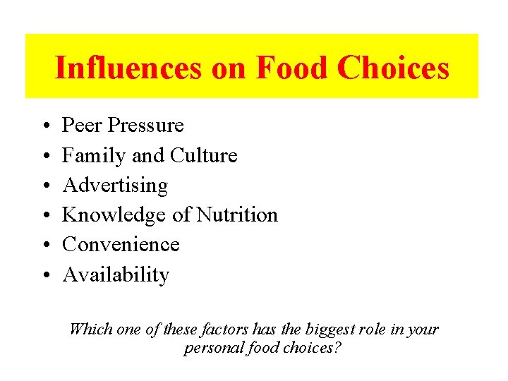 Influences on Food Choices • • • Peer Pressure Family and Culture Advertising Knowledge