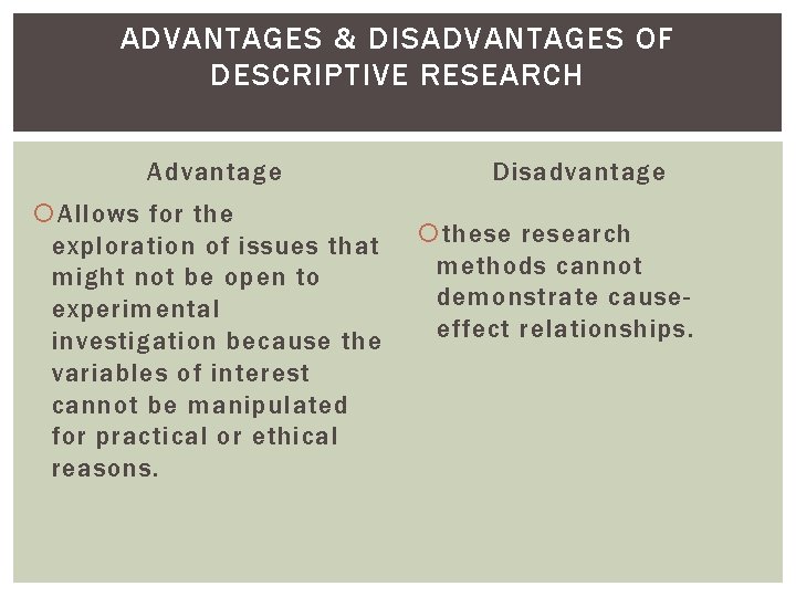 ADVANTAGES & DISADVANTAGES OF DESCRIPTIVE RESEARCH Advantage Allows for the exploration of issues that ADVANTAGES & DISADVANTAGES OF DESCRIPTIVE RESEARCH Advantage Allows for the exploration of issues that