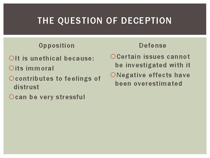THE QUESTION OF DECEPTION Opposition It is unethical because: its immoral contributes to feelings THE QUESTION OF DECEPTION Opposition It is unethical because: its immoral contributes to feelings