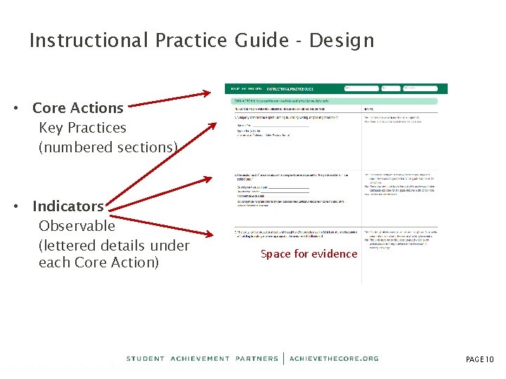 Instructional Practice Guide - Design • Core Actions Key Practices (numbered sections) • Indicators