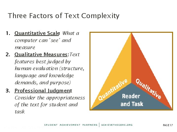 Three Factors of Text Complexity 1. Quantitative Scale: What a computer can “see” and