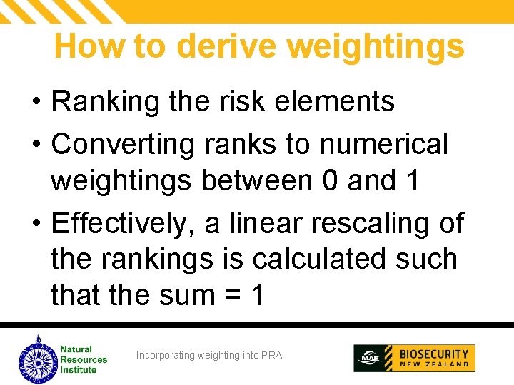 How to derive weightings • Ranking the risk elements • Converting ranks to numerical