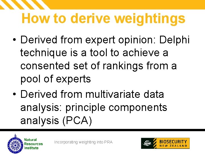 How to derive weightings • Derived from expert opinion: Delphi technique is a tool