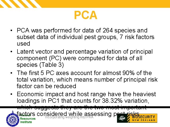 PCA • PCA was performed for data of 264 species and subset data of