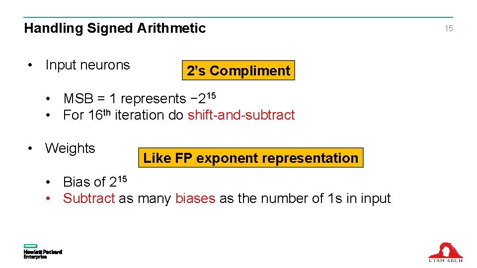 Handling Signed Arithmetic • Input neurons 2’s Compliment • MSB = 1 represents −