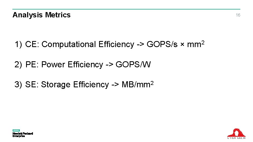 Analysis Metrics 1) CE: Computational Efficiency -> GOPS/s × mm 2 2) PE: Power