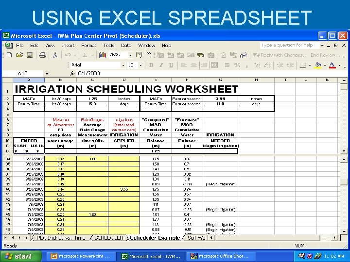 USING EXCEL SPREADSHEET 