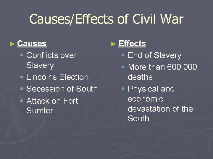 Causes/Effects of Civil War ► Causes § Conflicts over Slavery § Lincolns Election §