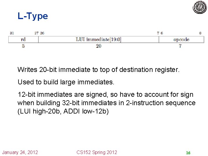 L-Type Writes 20 -bit immediate to top of destination register. Used to build large