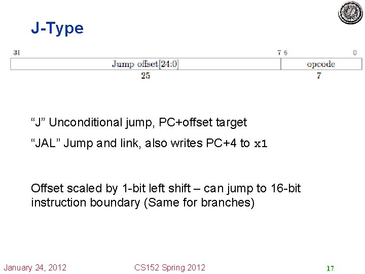 J-Type “J” Unconditional jump, PC+offset target “JAL” Jump and link, also writes PC+4 to